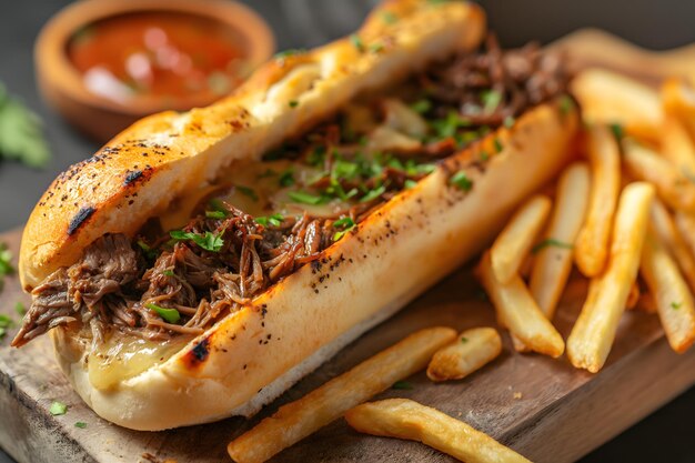 Delicioso sándwich a la parrilla con carne de cerdo y papas fritas doradas