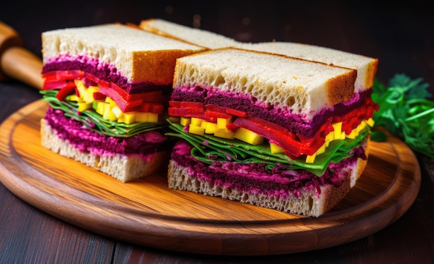 Un delicioso sándwich en un plato rústico de madera