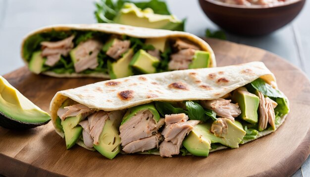 Un delicioso sándwich con pollo, aguacate y lechuga.