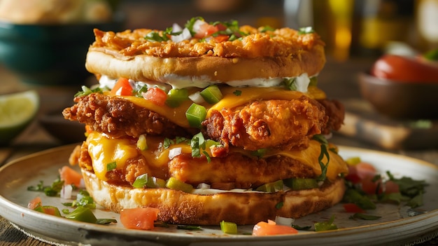 Delicioso sándwich de pollo gourmet apilado con queso y verduras