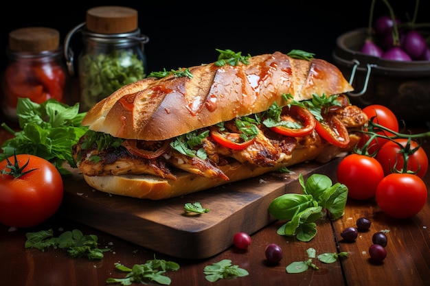 Un delicioso sándwich de pollo a la parrilla en pan francés con tomates y