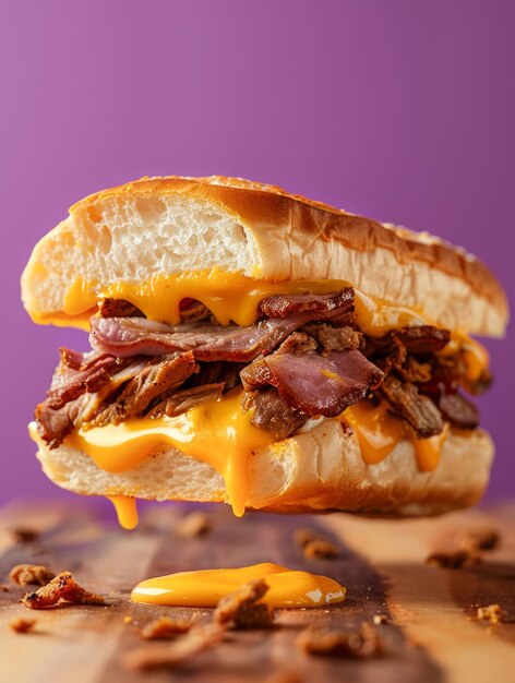 Foto delicioso sándwich de queso cheddar y carne de cerdo con coberturas crujientes en tablero de madera contra