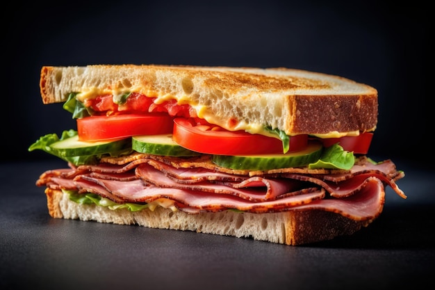 Delicioso sándwich con queso de jamón y verduras sobre un fondo negro