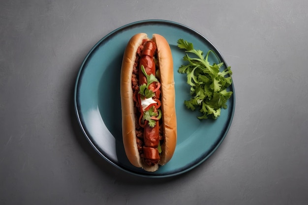 Foto delicioso sándwich de salchichas sobre un fondo gris