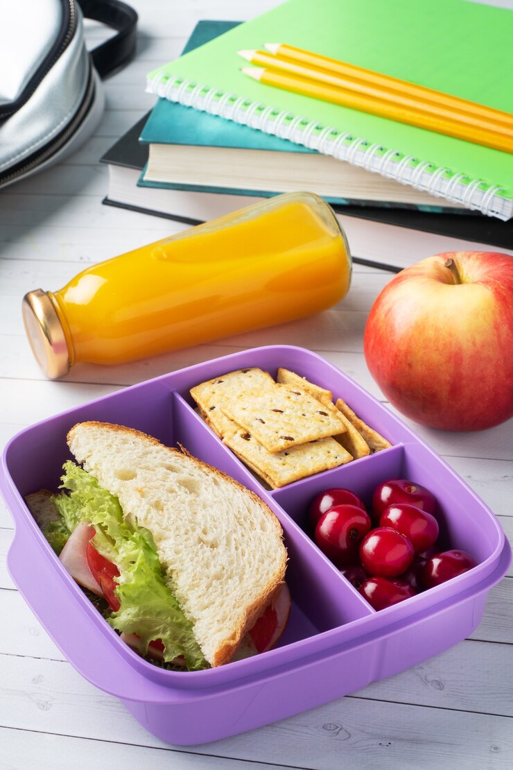 Delicioso sándwich saludable en lonchera, galletas y cerezas. Lleve el almuerzo a la escuela oa la oficina. Jugo en botella y manzana.