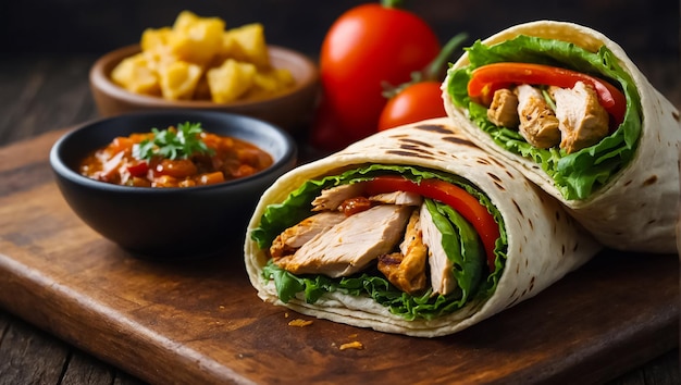 Foto delicioso shawarma con pollo y verduras en la cocina