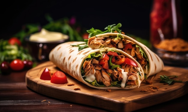 Delicioso shawarma servido en una tabla de madera en un ambiente rústico. Delicioso burrito con ingredientes frescos. Creado con herramientas generativas de IA.