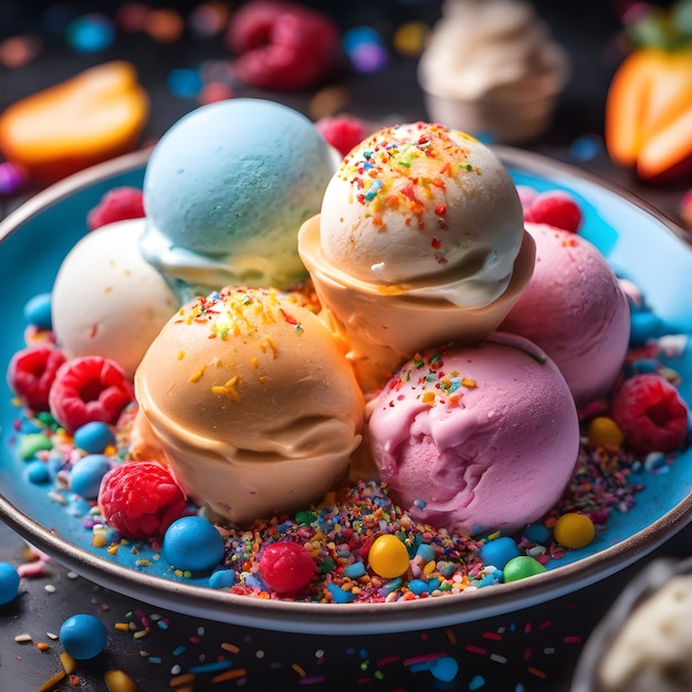 Delicioso sorvete colorido com cobertura completa