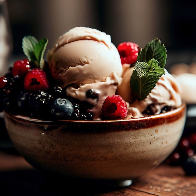 Delicioso sorvete com frutas em uma tigela