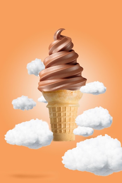 Delicioso sorvete de chocolate em um fundo laranja nublado