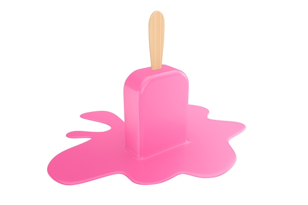 Delicioso sorvete de palito com sabor de chocolate rosa derretendo em um fundo branco. Renderização 3D
