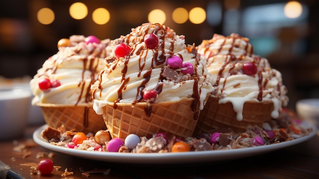 Delicioso sorvete em uma xícara de waffle ou cone com calda e frutas no fundo do café