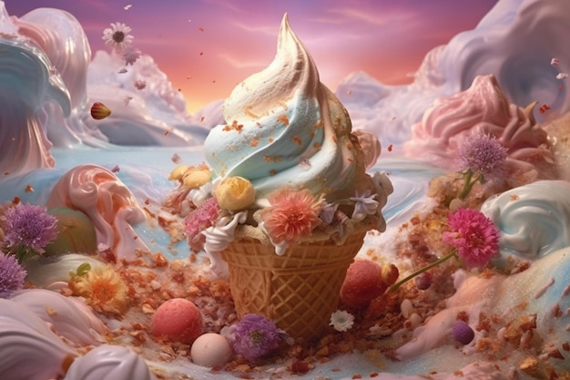 Delicioso sorvete gigante em um cone Generative AI