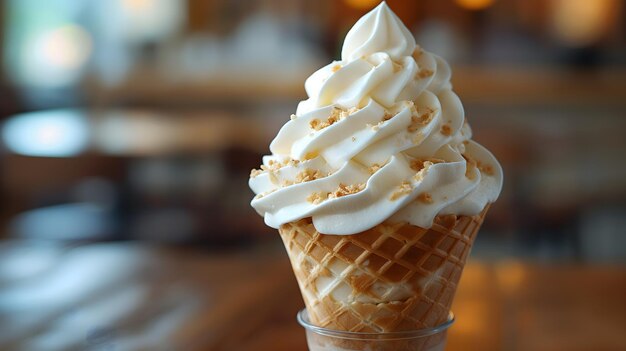 Delicioso sorvete macio de baunilha em cone de waffle