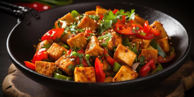 Delicioso StirFry asiático com tofu e vegetais em molho verde picante Uma refeição vegana gourmet