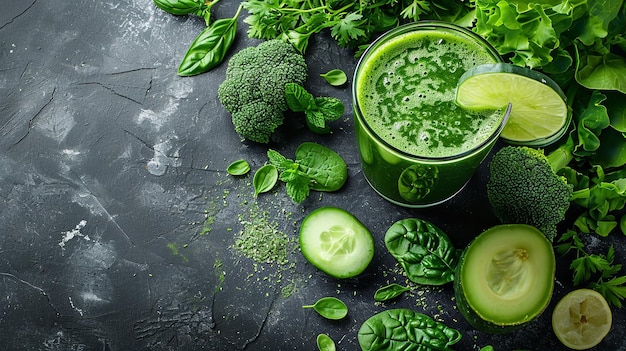 Delicioso suco de vegetais verdes em um copo com fundo preto e vegetais Generative AI