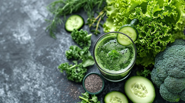 Delicioso suco de vegetais verdes em um copo com fundo preto e vegetais Generative AI