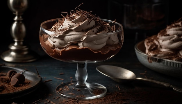 Delicioso sundae caseiro de chocolate amargo gerado por IA