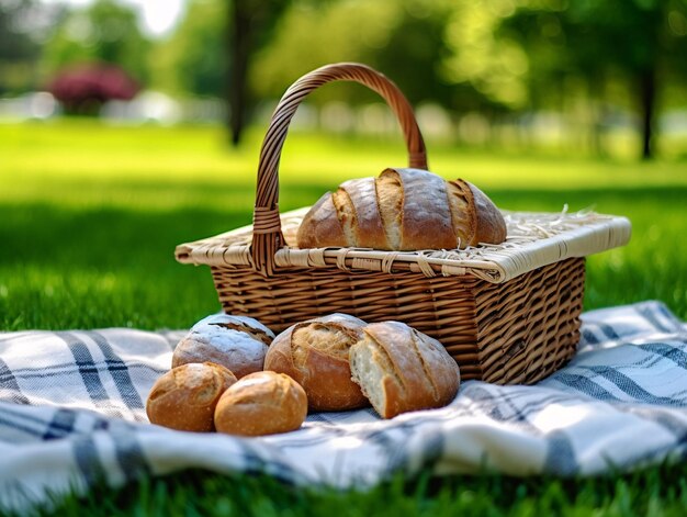 Delicioso surtido de pan y panecillos recién horneados en una acogedora manta de picnic IA generativa