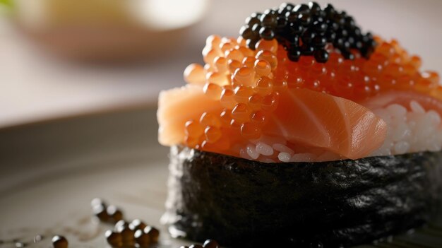 Delicioso sushi y caviar negro comida japonesa primer plano de sushi imagen generativa de IA