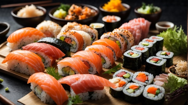delicioso sushi na placa de madeira
