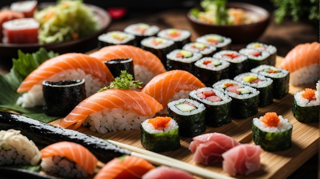 delicioso sushi na placa de madeira