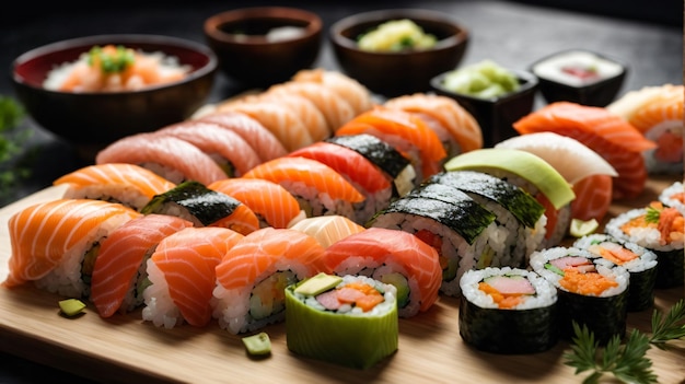 delicioso sushi na placa de madeira