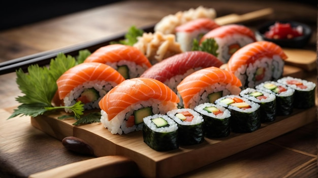 delicioso sushi en plato de madera