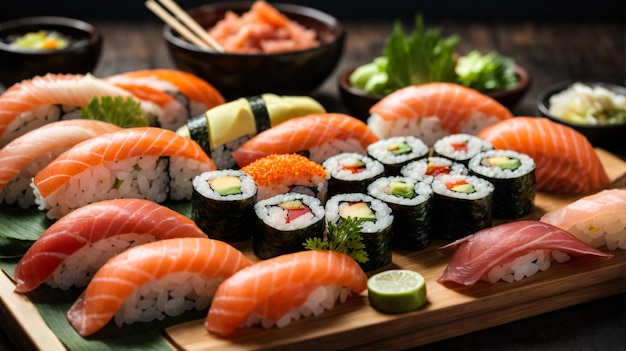 delicioso sushi en plato de madera