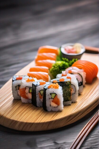 Un delicioso sushi en una tabla de madera