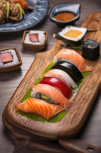 Un delicioso sushi en una tabla de madera