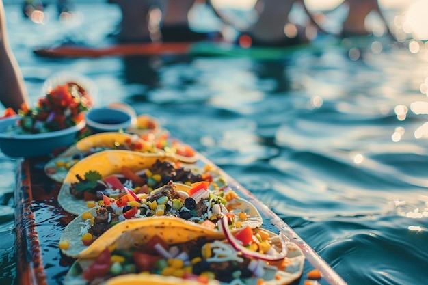 Un delicioso taco extendido en una tabla de SUP de paddle de pie comida mexicana para almuerzo al aire libre en la playa