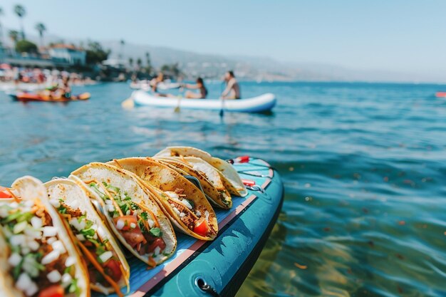 Un delicioso taco extendido en una tabla de SUP de paddle de pie comida mexicana para almuerzo al aire libre en la playa