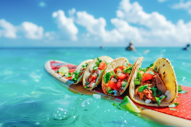 Foto un delicioso taco extendido en una tabla de sup de paddle de pie comida mexicana para almuerzo al aire libre en la playa