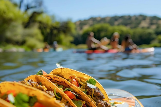 Un delicioso taco extendido en una tabla de SUP de paddle de pie comida mexicana para almuerzo al aire libre en la playa