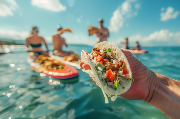 Foto un delicioso taco extendido en una tabla de sup de paddle de pie comida mexicana para almuerzo al aire libre en la playa