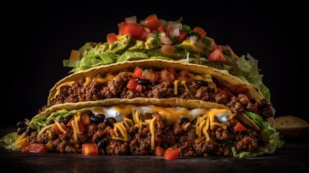 Delicioso taco en una tabla de madera con fondo negro