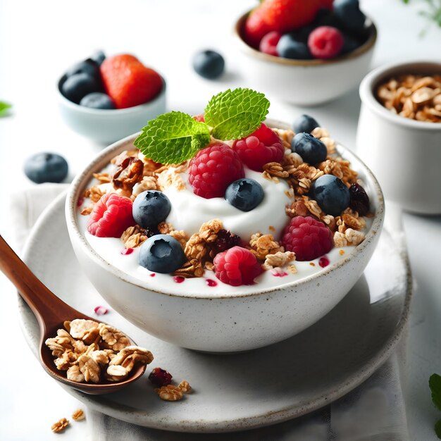 Foto un delicioso tazón de granola junto con yogur cremoso y bayas jugosas