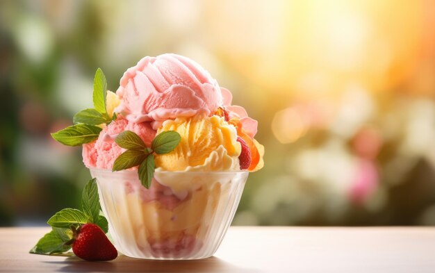 Un delicioso tazón de helado cubierto de fresas descansando en una mesa rústica