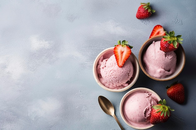 Un delicioso tazón de helado con fresas refrescantes, un placer perfecto para el verano Generado por IA