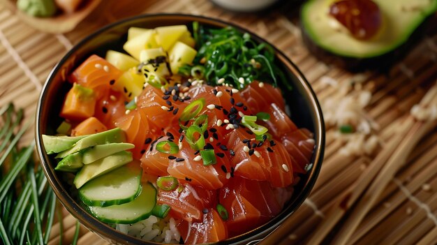 Foto delicioso tazón de poke e ingredientes en una mesa de madera colocada plana ia generativa