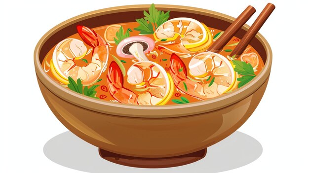 Un delicioso tazón de sopa Tom Yum con setas de camarón y limón La sopa se sirve en un tazón marrón con palillos en el lado