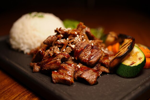 Delicioso teriyaki de carne a la parrilla con arroz y verduras