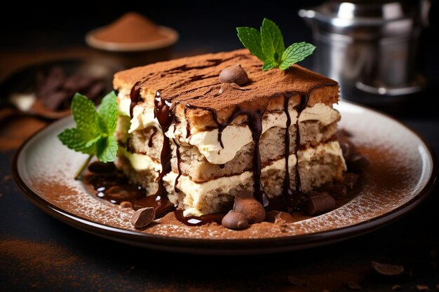 Delicioso tiramisu servido em um prato com cacau em pó Generative Ai