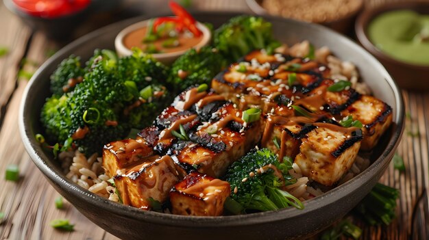 Foto delicioso tofu frito con verduras y arroz