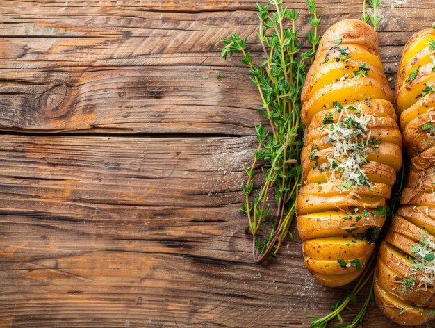 Foto delicioso toque vegano en la cocina casera estadounidense patatas hasselback caseras con hierbas frescas y queso