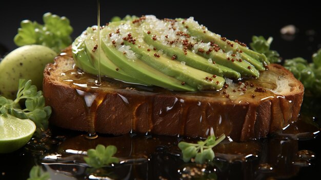 Foto delicioso tostado de aguacate caramelizado con mezcla de machiato