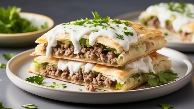 Foto delicioso tourtiere tradicional francés pastel de carne canadiense en un fondo blanco borroso de la cocina