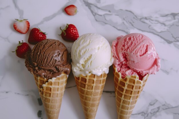 Un delicioso trío de helados sobre un fondo de mármol.