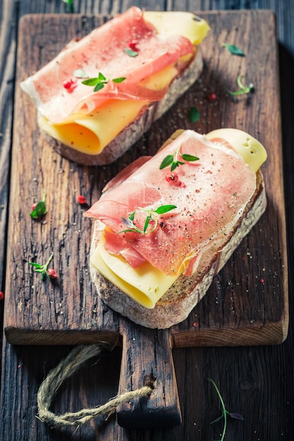 Delicioso un trozo de pan con jamón y queso